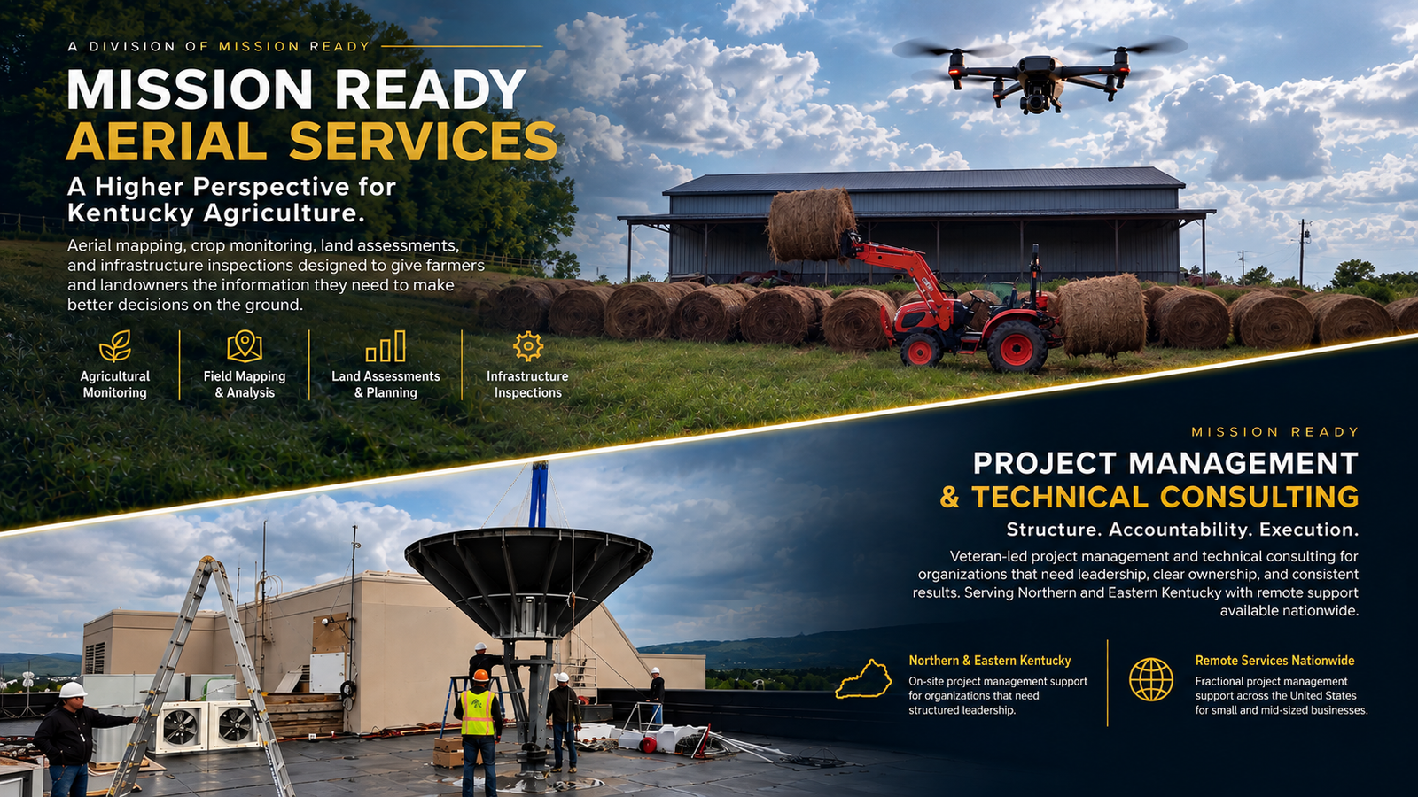 Mission Ready Aerial Services agricultural operations and Mission Ready project management and technical consulting