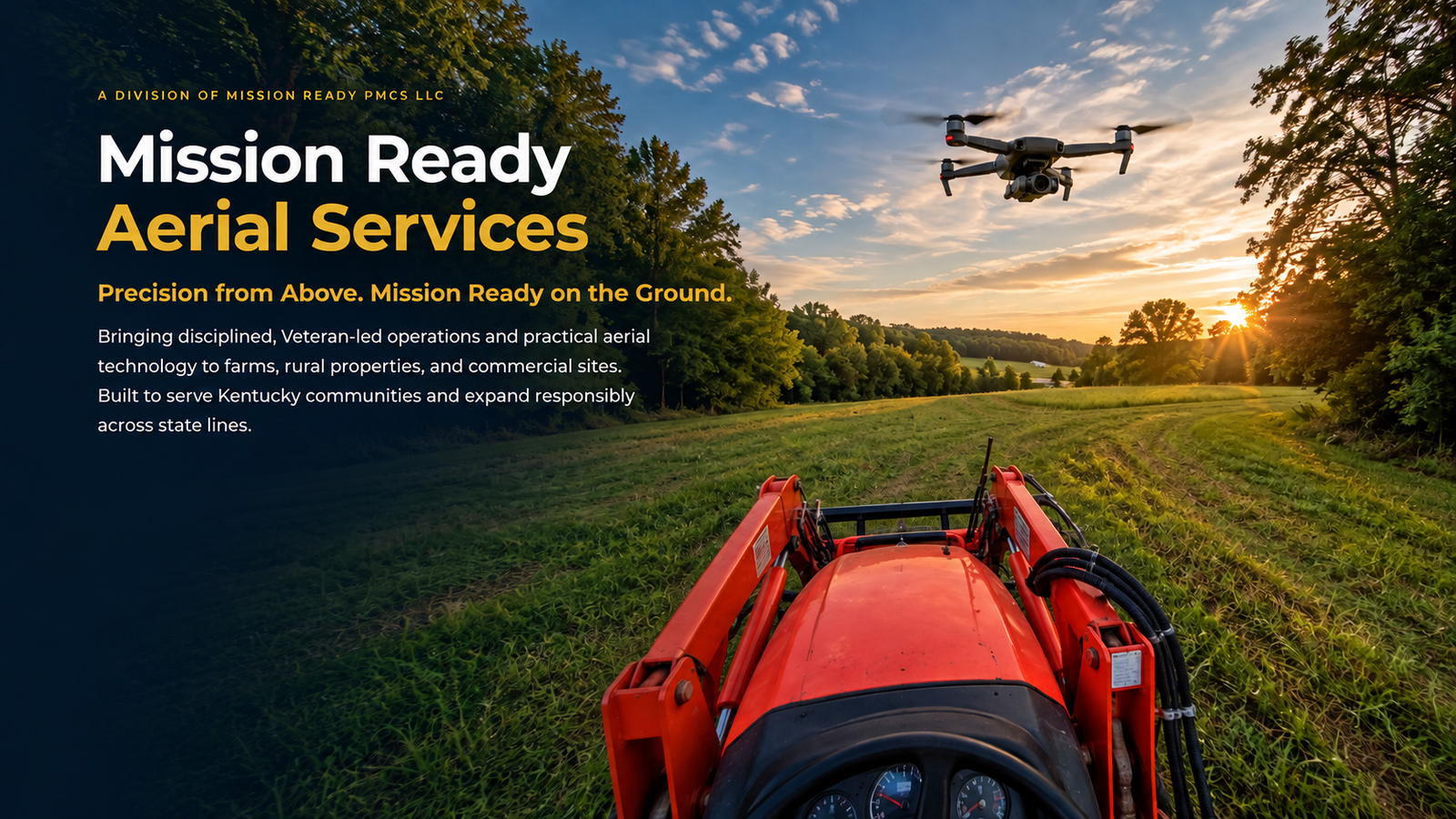 Mission Ready Aerial Services: agricultural field and tractor with a drone flying overhead